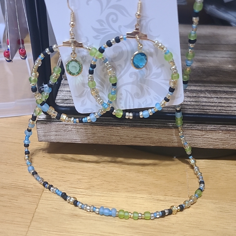 3/$10 Elegant Beaded Hoop Earrings and Necklace Set